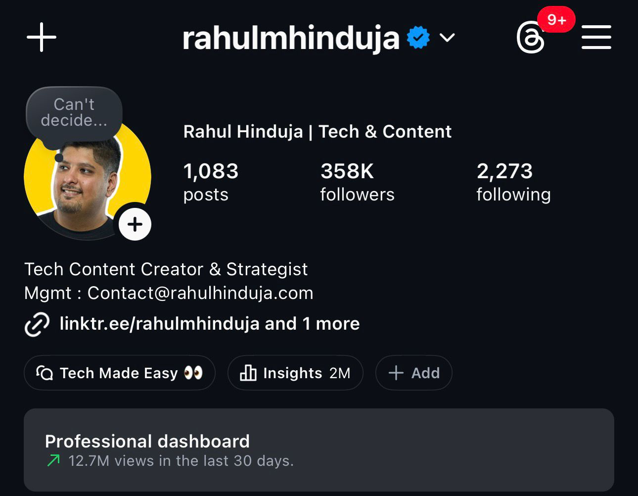 Rahul Hinduja Instagram bio
